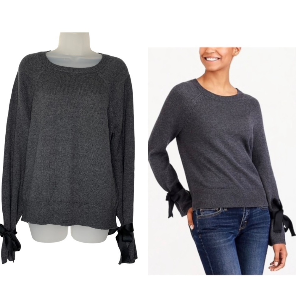 J CREW Mercantile Charcoal Gray Knit Sweater with Ribbon Tie Bell Sleeves Sz L